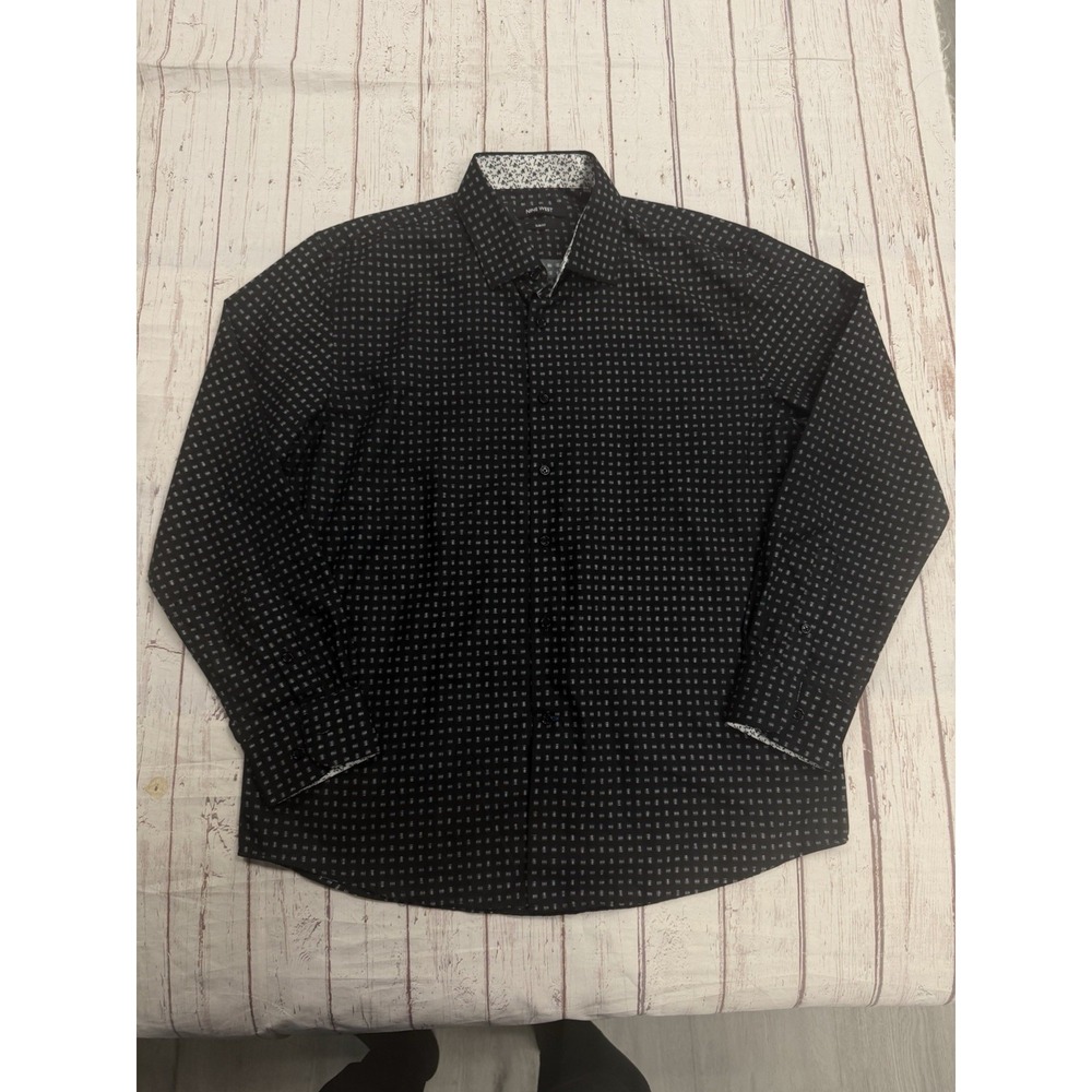 Nine West Preppy Black Geometric Print Long Sleeve Button Down Shirt Slim Fit GQ
